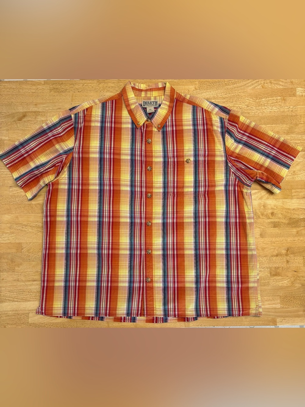 Duluth Trading Co Plaid Button Down Shirt Mens 2XL Short Sleeve Orange Cotton